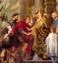 St. Ambrose bans Emperor Theodosius from the cathedral. 
